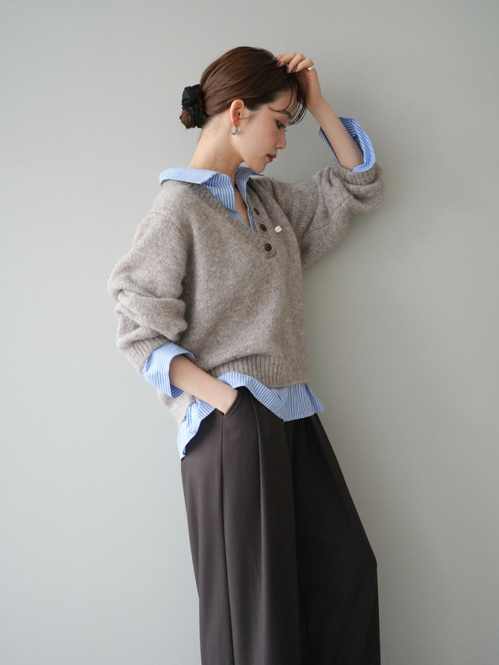 [SET]ストライプシャツドッキングMIXヤーンニットプルオーバー+ベルトループデザインワイドパンツ(2set)