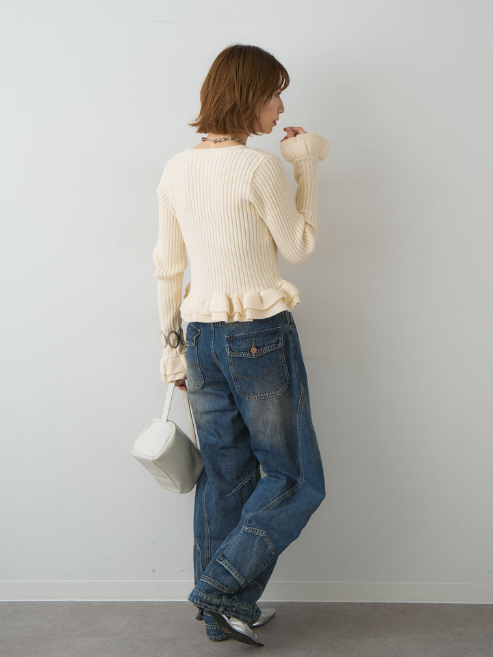 [SET]アルパカタッチフリルカーディガン+ヘムデザインワイドデニムパンツ(2set)