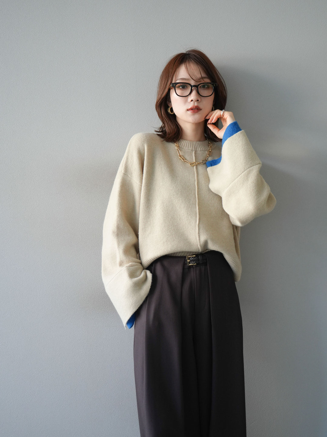 [予約]袖レイヤード配色ニットプルオーバー/ivory
