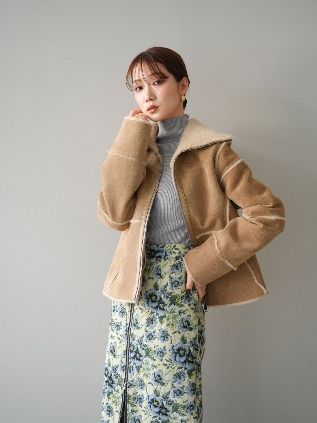 [予約]スタンドカラームートンZIPジャケット/beige