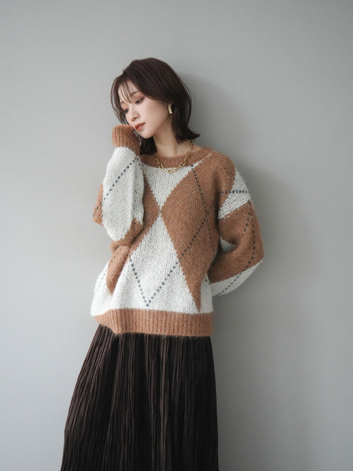 [予約]アーガイルオーバーニットプルオーバー/camel