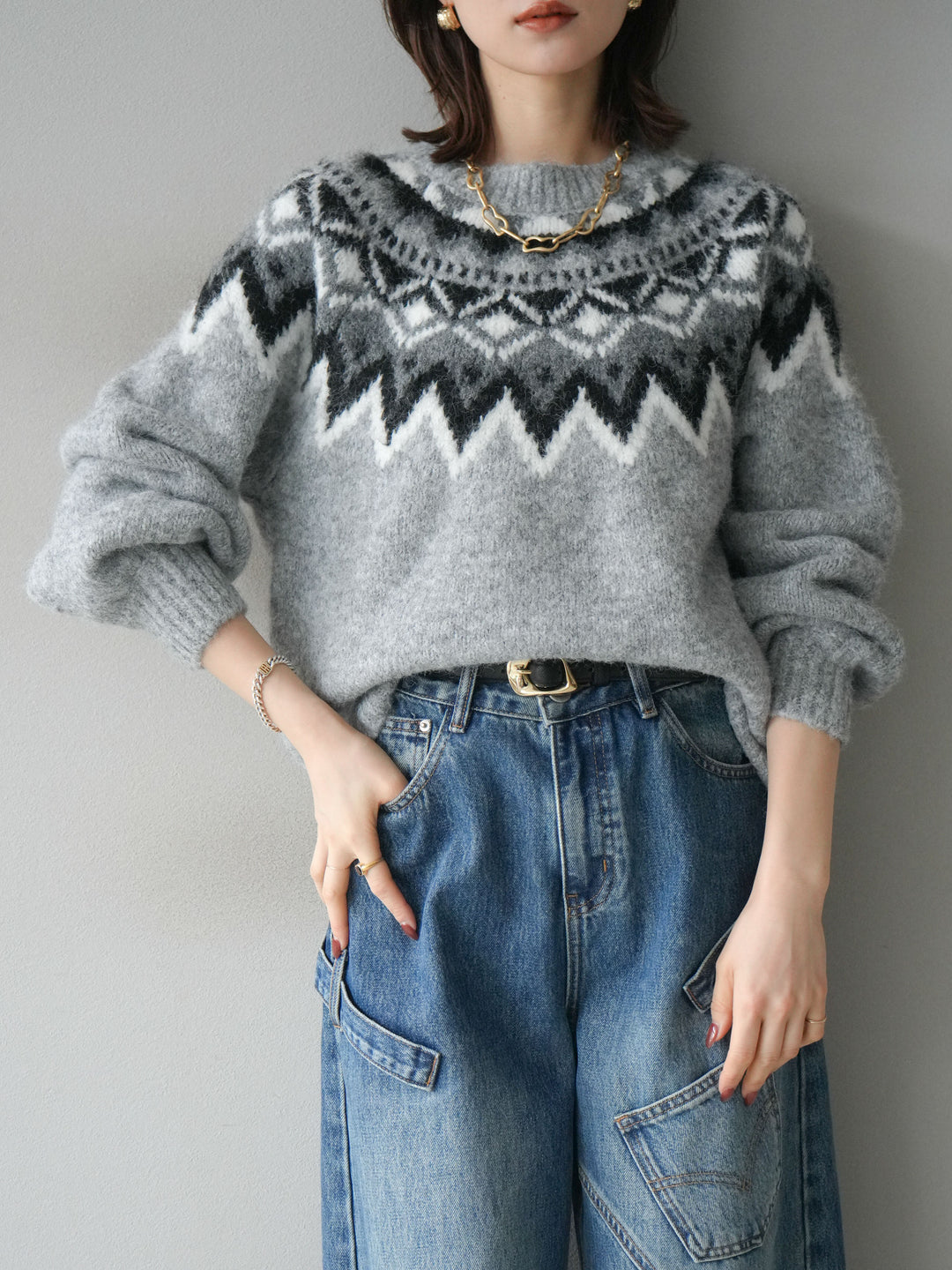 [SET]求心柄オーバーニットプルオーバー+ペインターカーブデニムパンツ(2set)