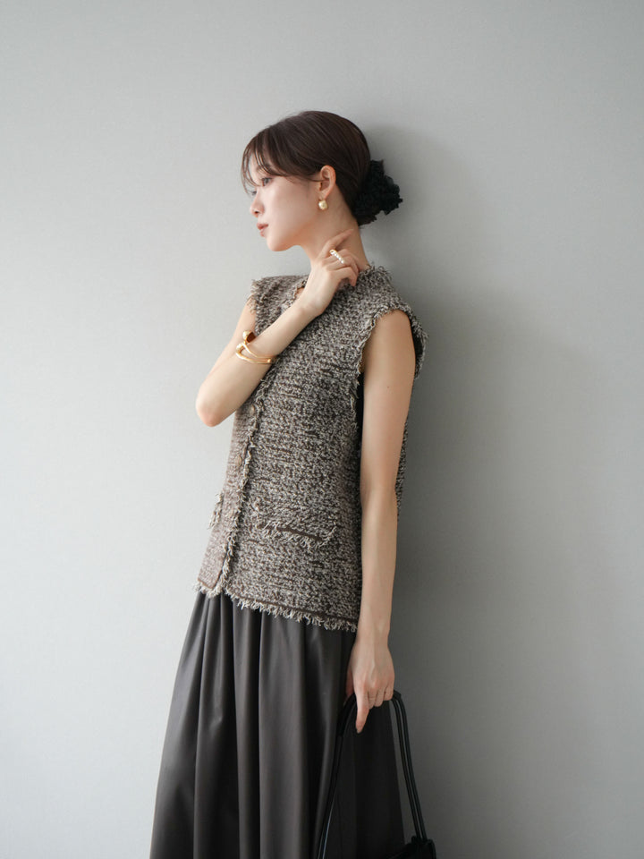 [予約]ミックスツイードフリンジニットベスト/ブラウン