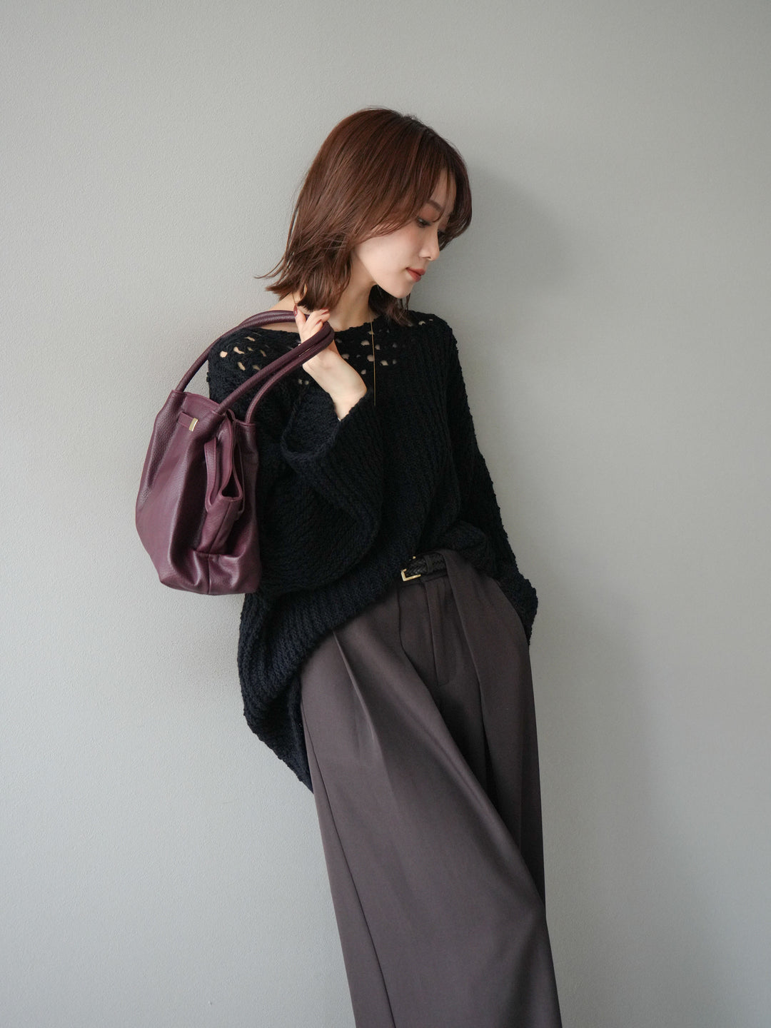 [予約]ボートネック透かし編みニットプルオーバー/navy