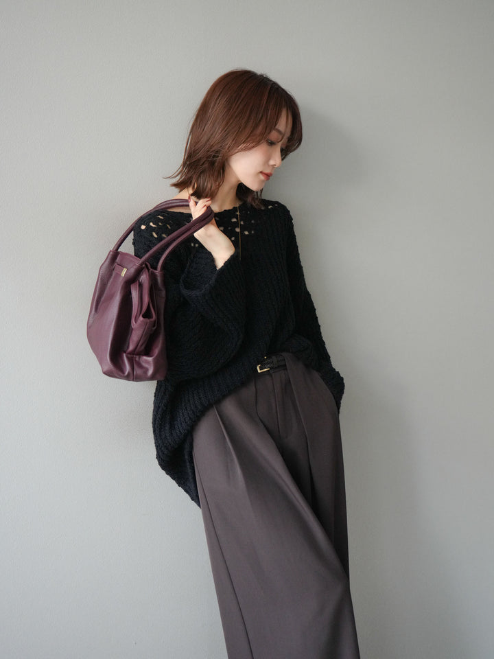 [予約]ボートネック透かし編みニットプルオーバー/navy