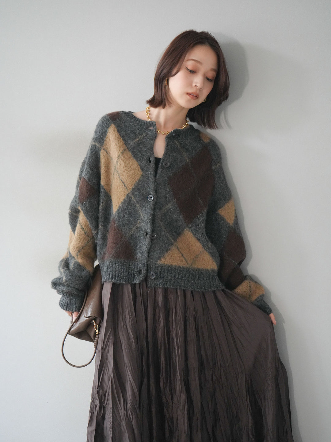 [予約]モヘアタッチアーガイルニットカーディガン/charcoal