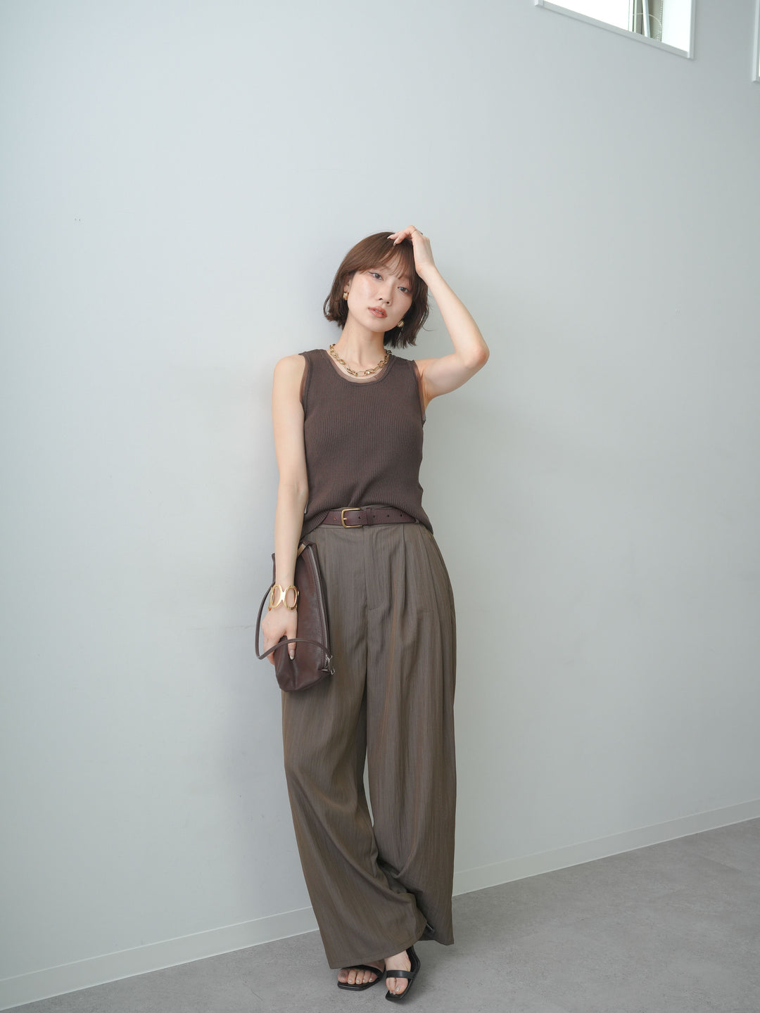 [SET]チュールトリムリブニットタンクトップ+リネンライク2タックワイドパンツ(2set)