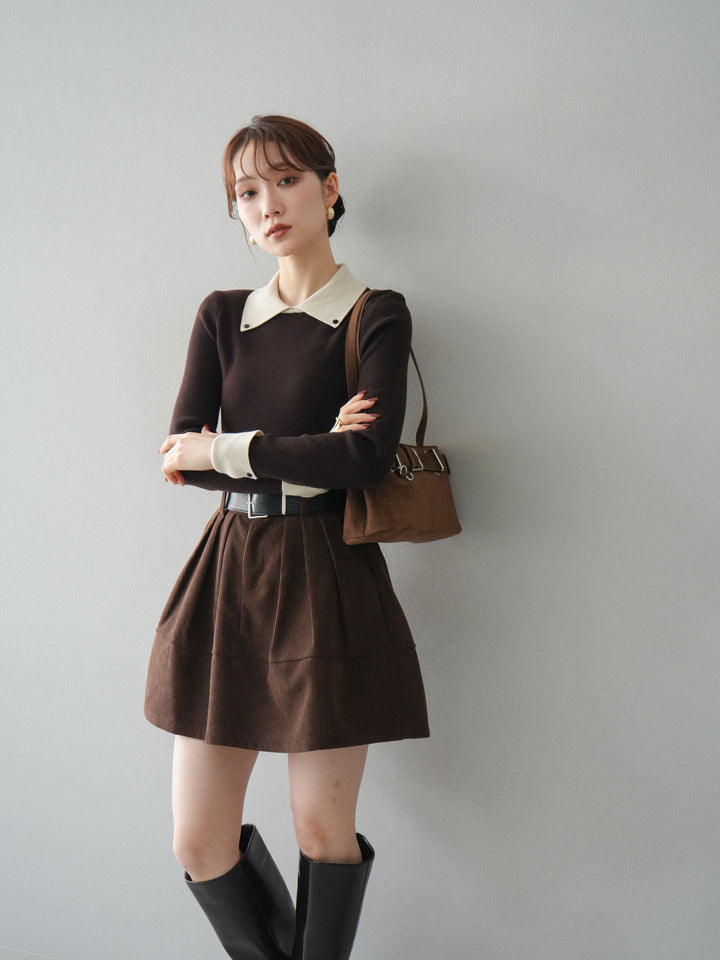 [予約]ニットカフス襟付き配色リブニットトップス/brown