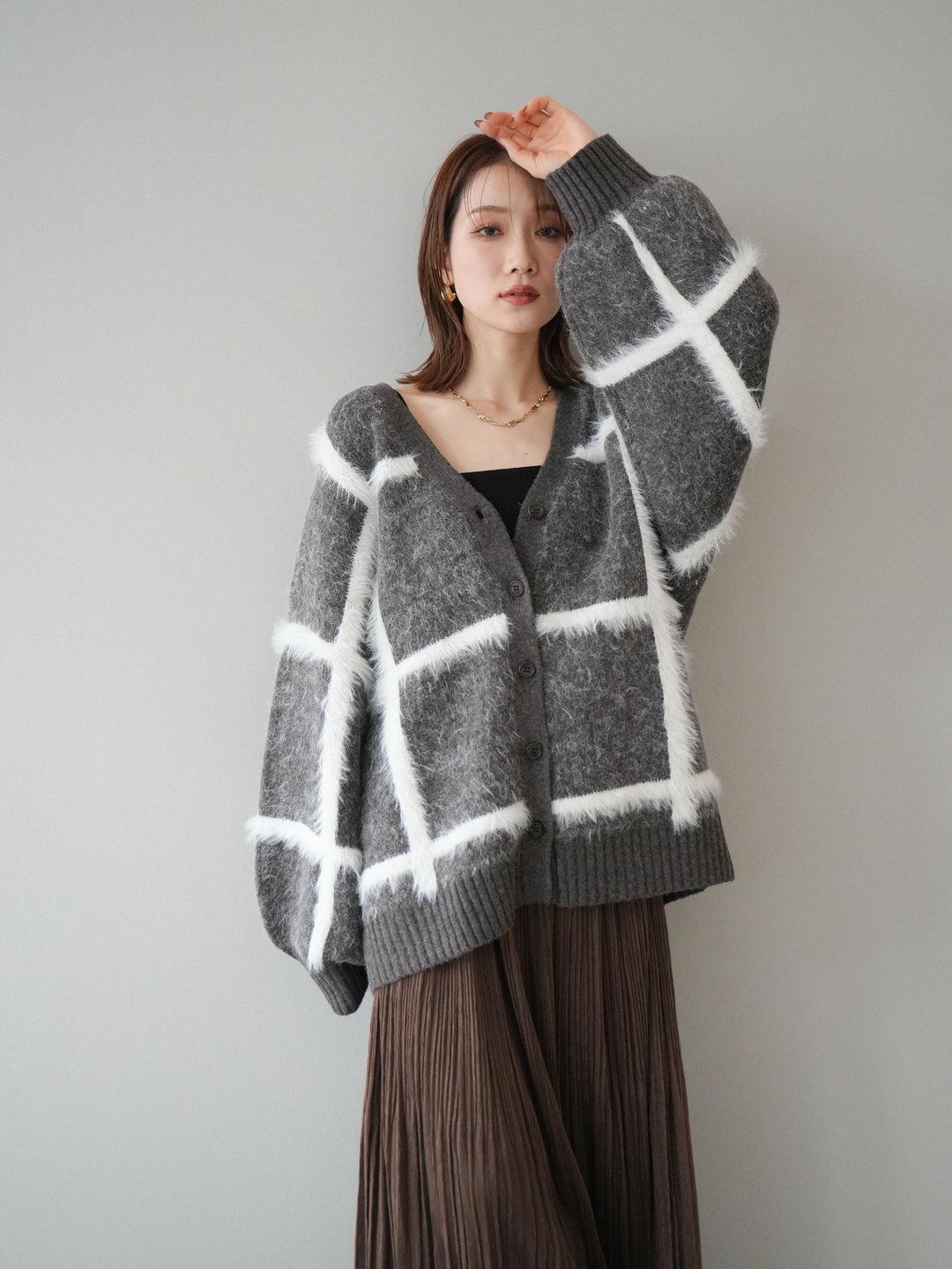 [予約]ミックスシャギーチェックカーディガン/brown