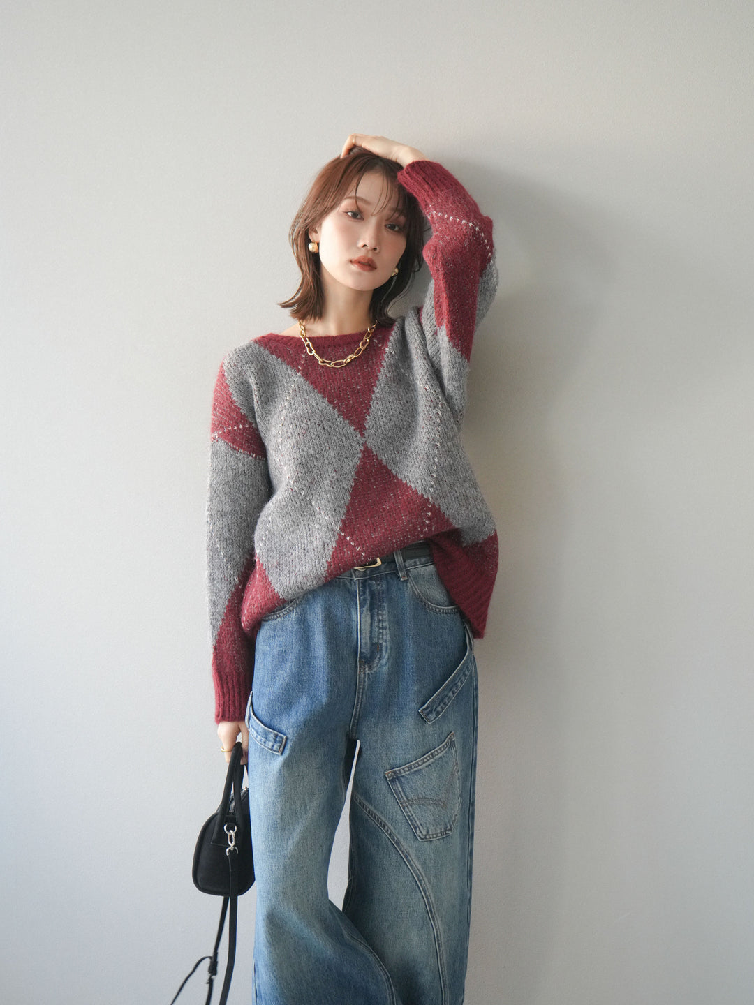 [予約]アーガイルオーバーニットプルオーバー/bordeaux