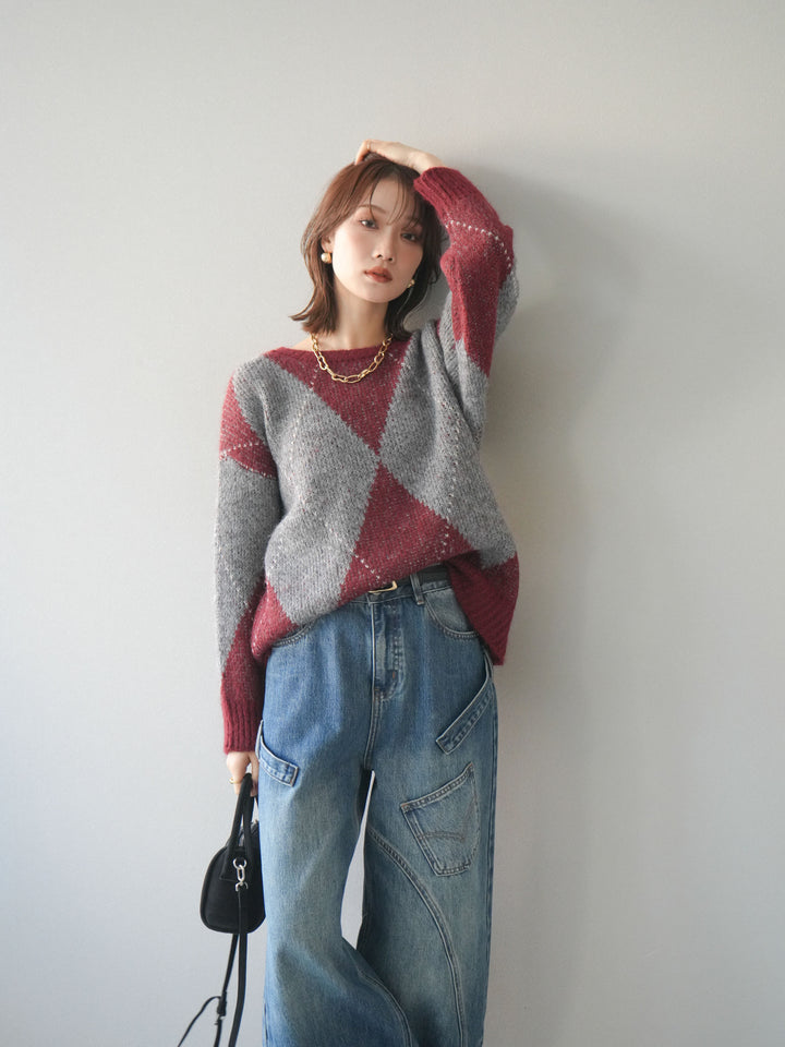 [予約]アーガイルオーバーニットプルオーバー/bordeaux