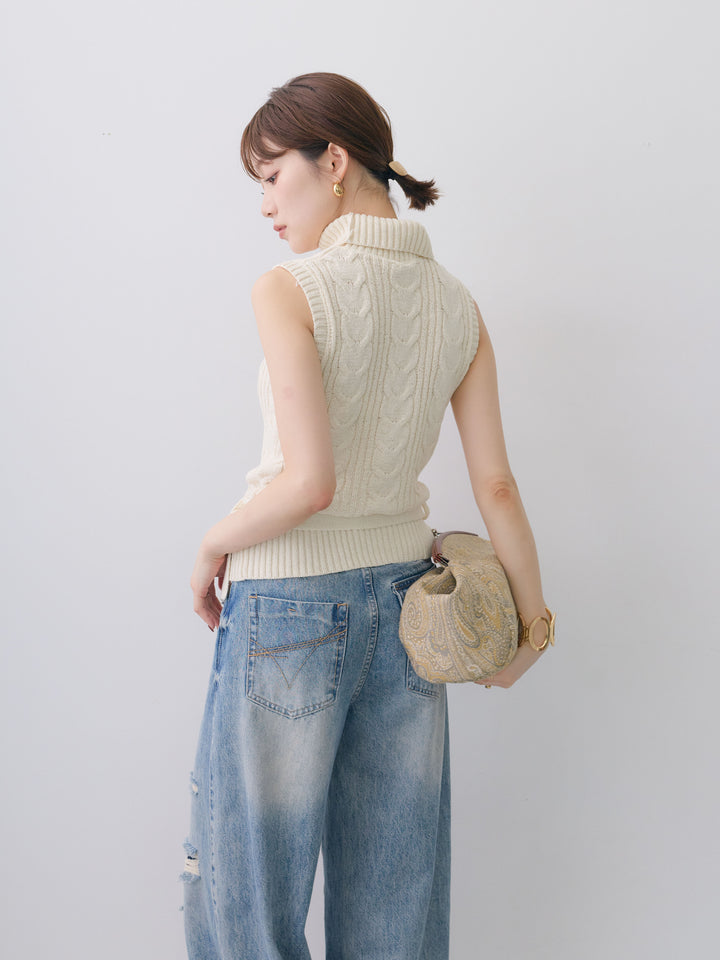 [SET]ベルト付ケーブルノースリニットトップス+ベルト付ケーブルノースリニットトップス(2set)