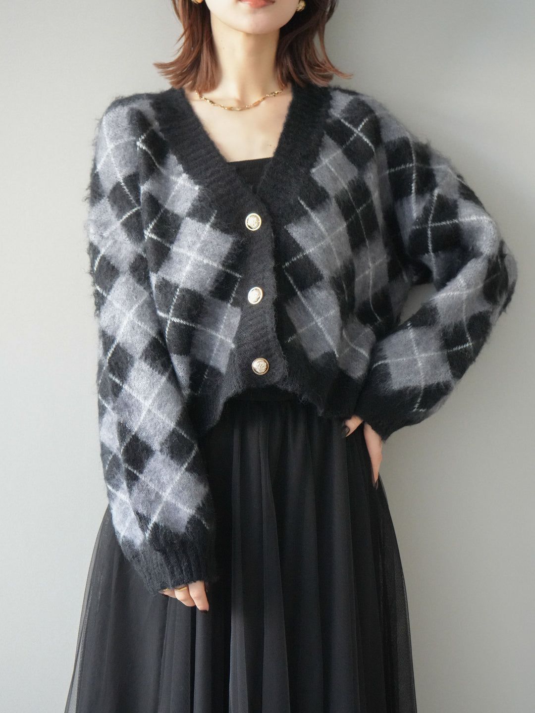 [予約]アーガイルシャギーニットカーディガン/gray