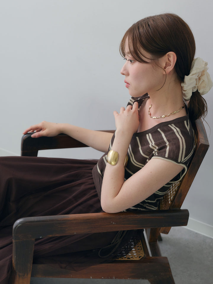 [SET]サイドギャザーボーダーVネックニットノースリトップス+チュールボリュームスカート(2set)