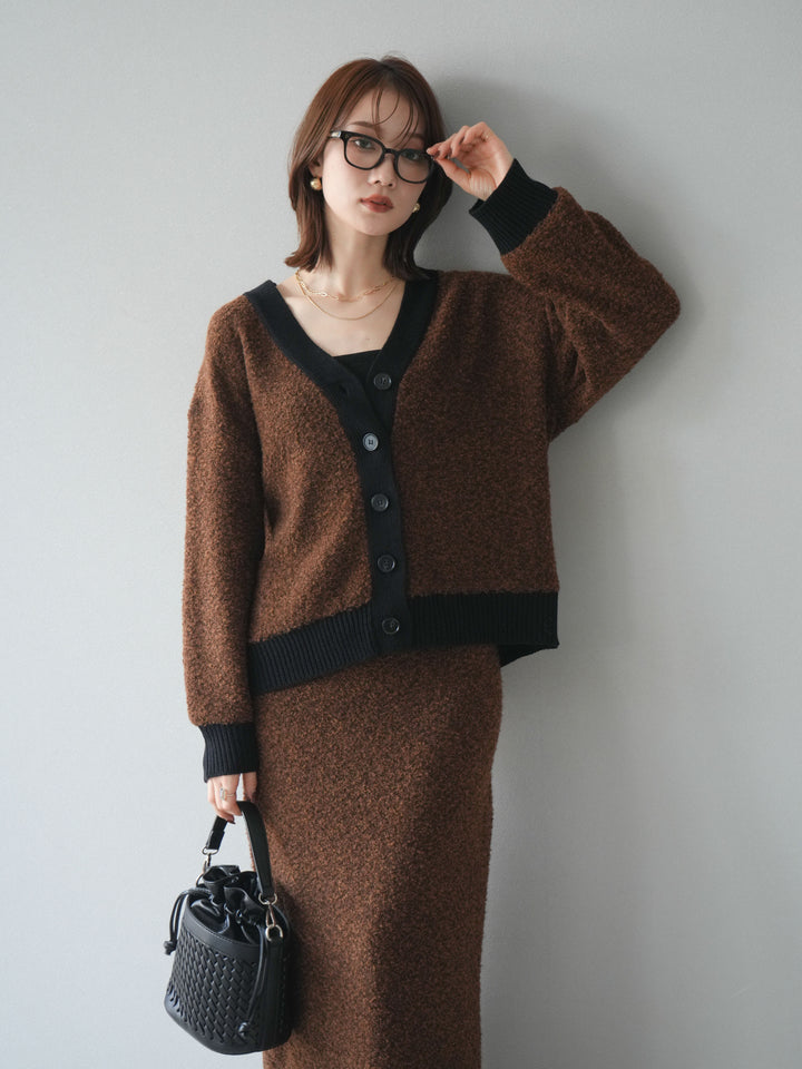 [SET]ブークレバイカラーニットカーディガン+ブークレバイカラータイトニットスカート(2set)