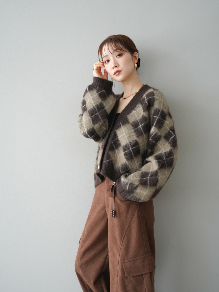 [予約]アーガイルシャギーニットカーディガン/brown
