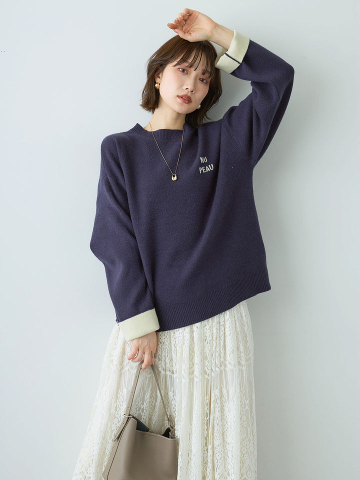 [予約]アルパカタッチバイカラーニットトップス/navy