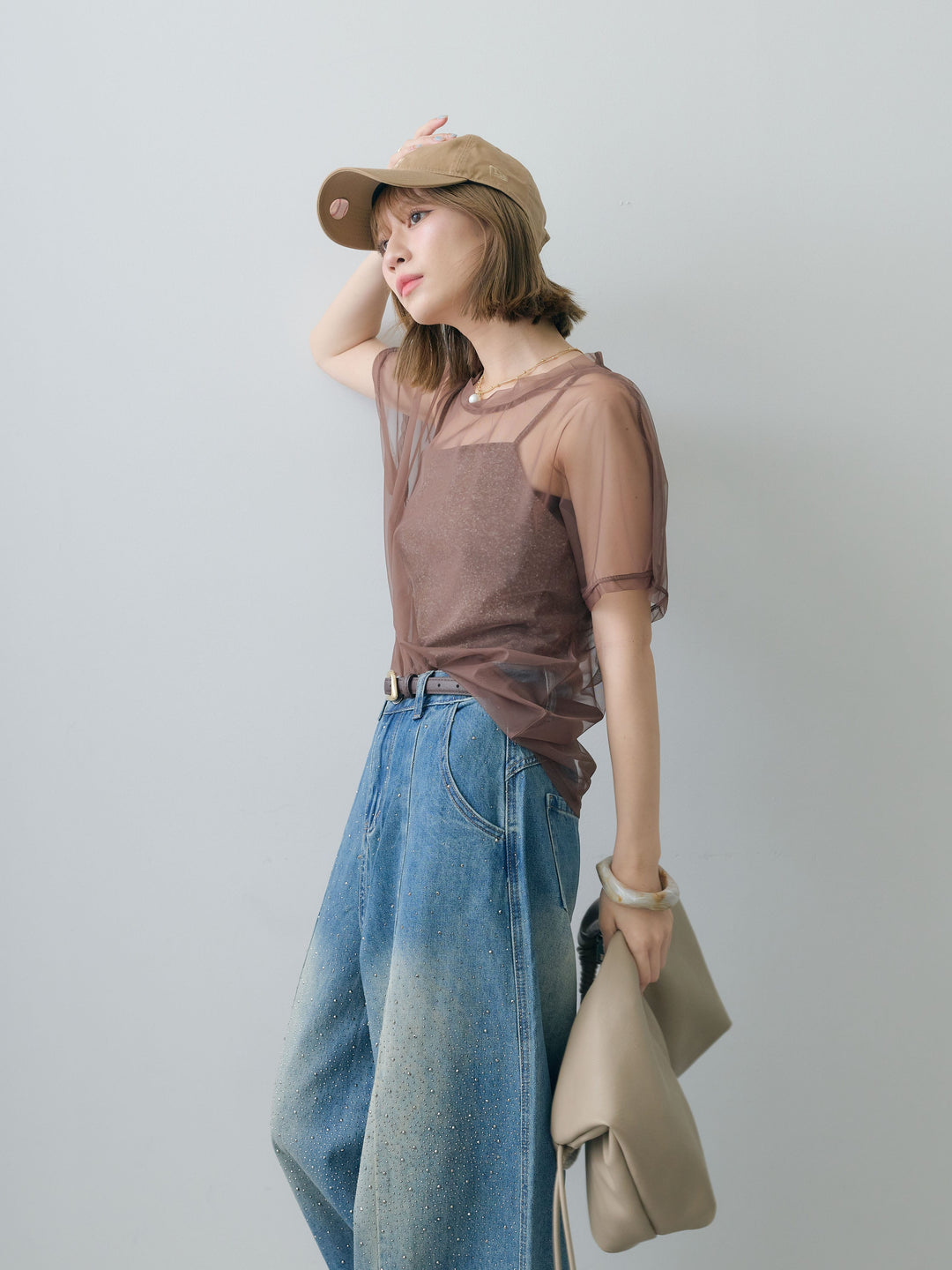 [SET]インナーキャミ付シアーオーバーTEE+フロントビジューカーブデニムパンツ(2set)