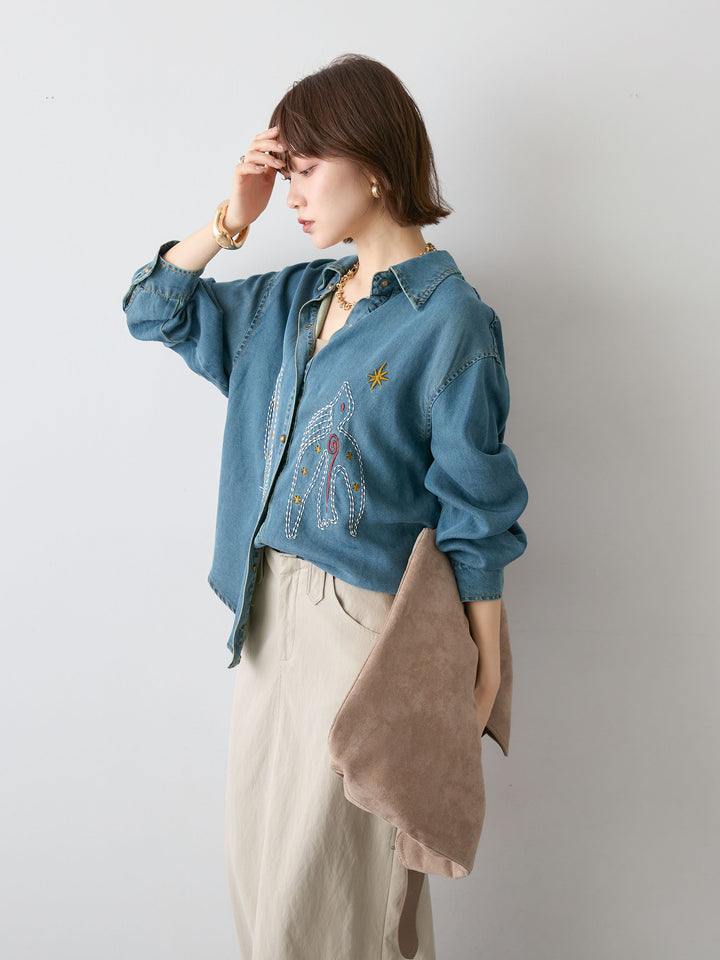 [SET]モチーフ刺繍デニムシャツ+レザータッチフリンジスカート(2set)