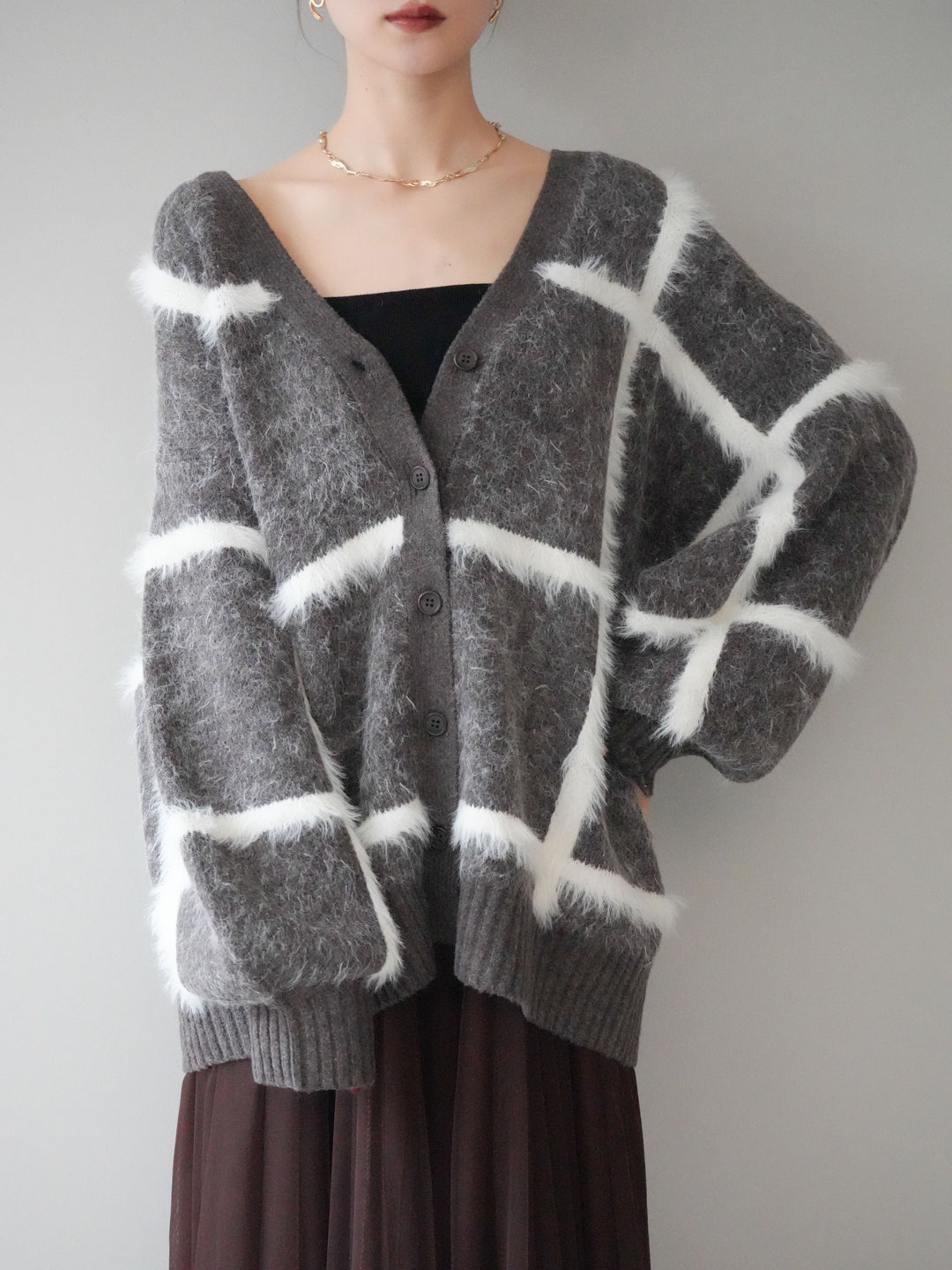 [予約]ミックスシャギーチェックカーディガン/brown