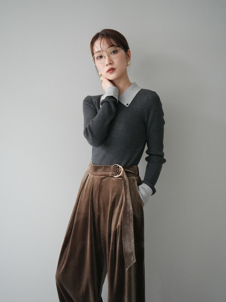 [予約]ニットカフス襟付き配色リブニットトップス/charcoal