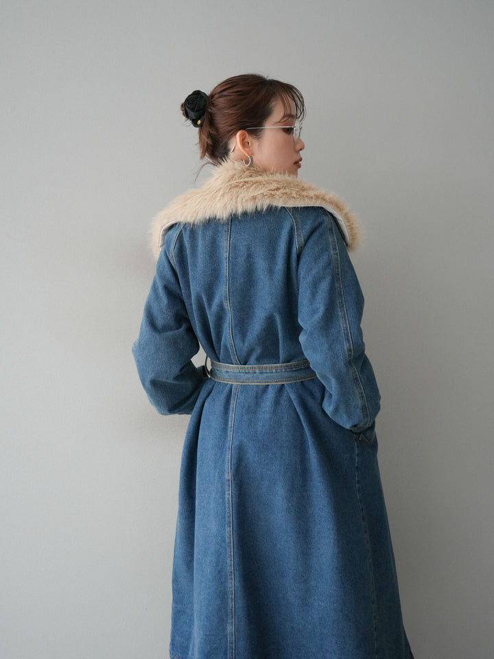 [予約]ファー襟デニムロングコート/blue