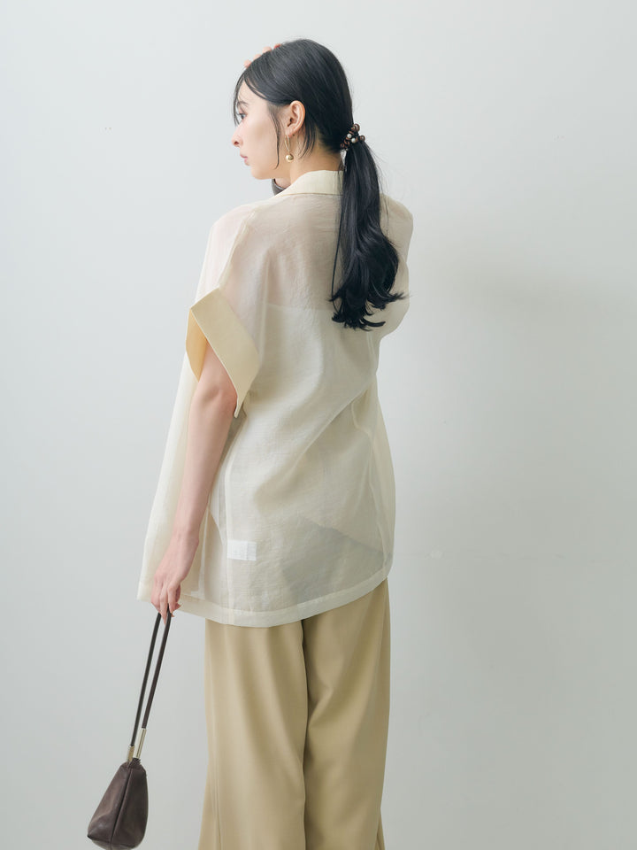 [SET]アシメサイドリボンベアトップス＆タックワイドストレートパンツSET UP(2SET)+シアーオーバー半袖ジャケット(2set)
