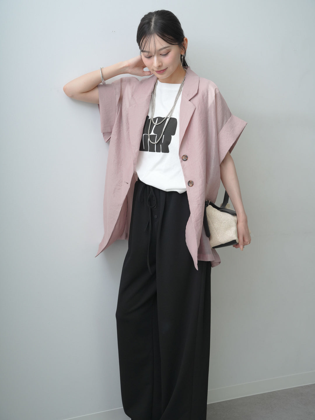 [SET]シアーオーバー半袖ジャケット+ショルダータックノースリーブオーバーTEE(2set)