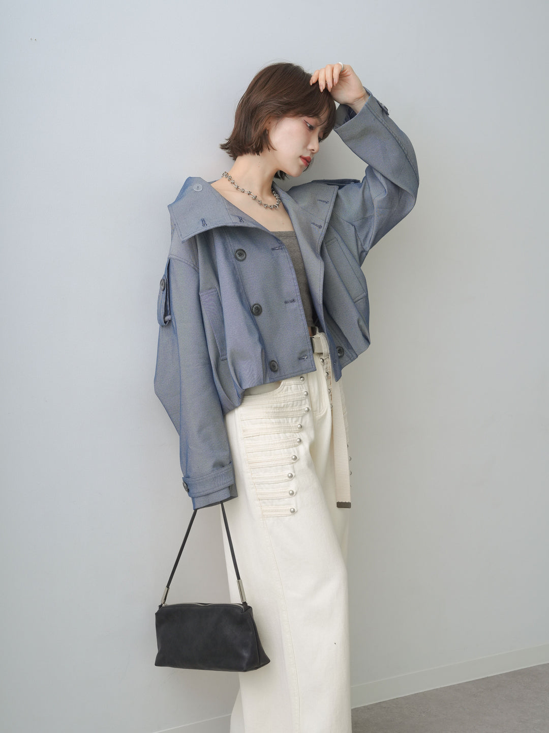 [SET]コクーンショートトレンチ+ダブルストラップカップ付キャミソール+ナポレオンワイドストレートパンツ(3set)