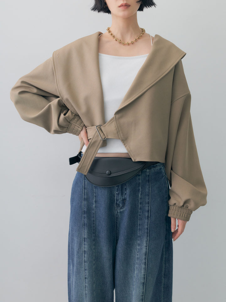 [SET]サイドベルトビッグカラーショートジャケット+カップ付きバッククロスキャミソール+ツイルタックワイドパンツ(3set)
