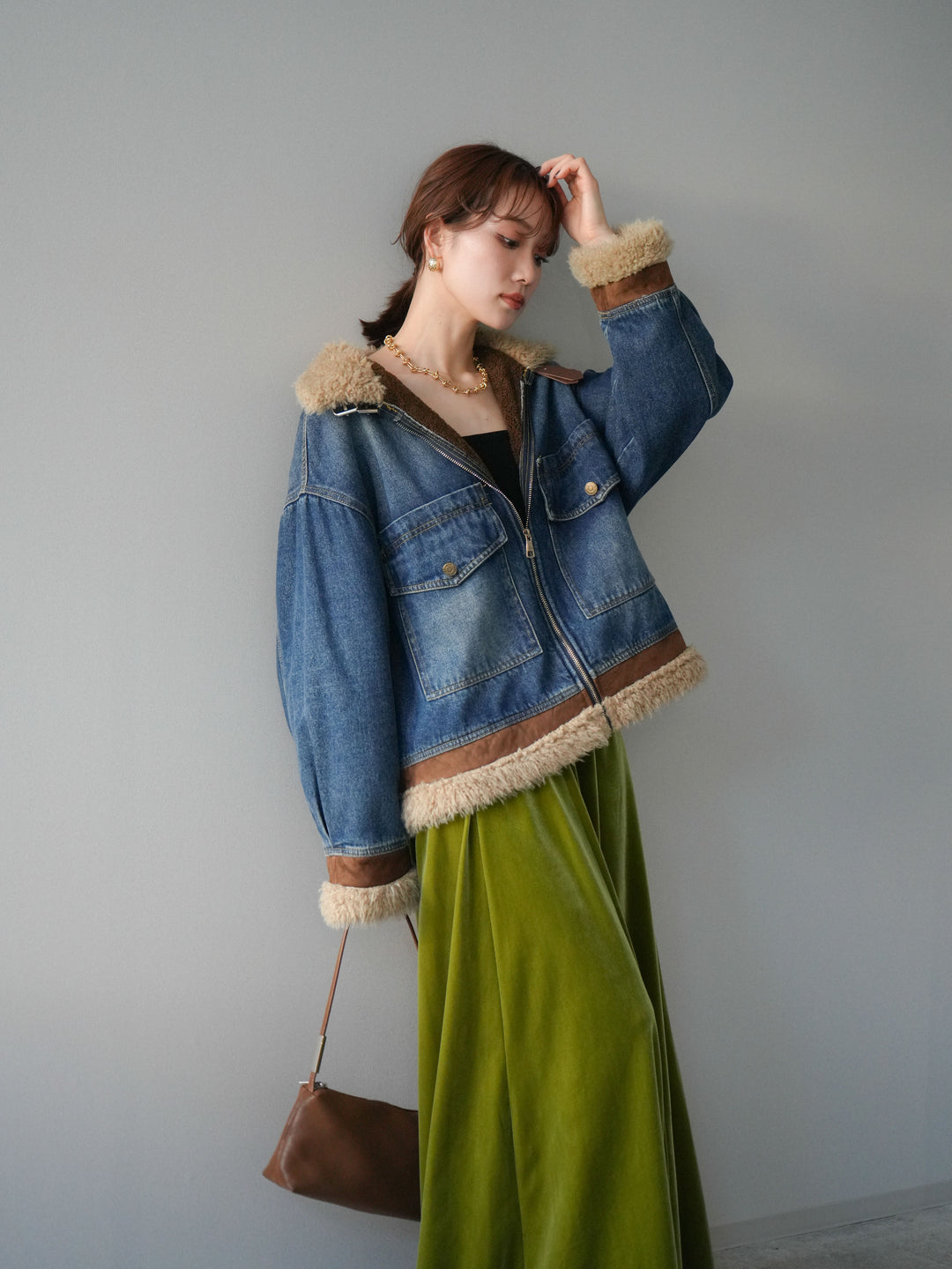 [予約]スタンドカラーファー×デニムジャケット/blue