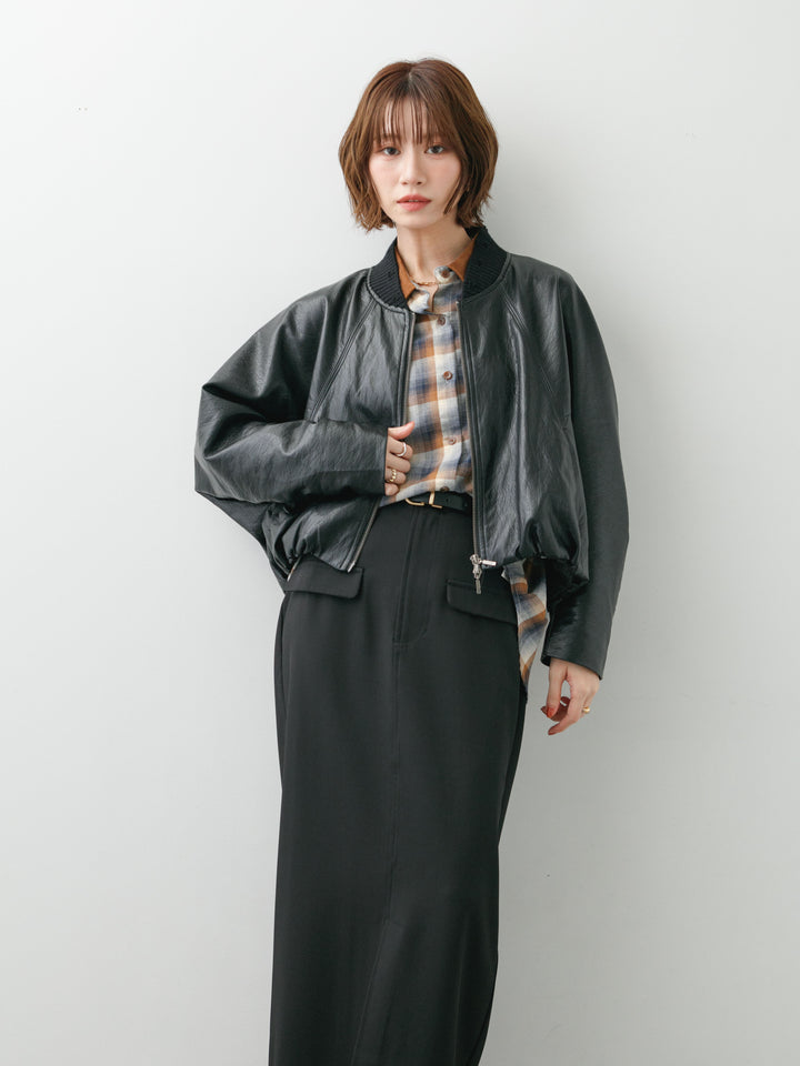 [SET]レザーライクドルマンブルゾン+チェックオーバーシャツ+クレープデシンフラップ付きストレートスカート(3set)