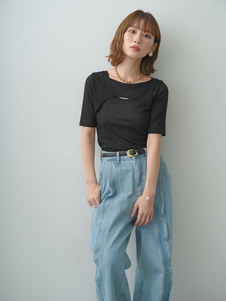 [SET]前後2wayシアーアシメレイヤード風TEE+フリルラインワイドデニム(2set)