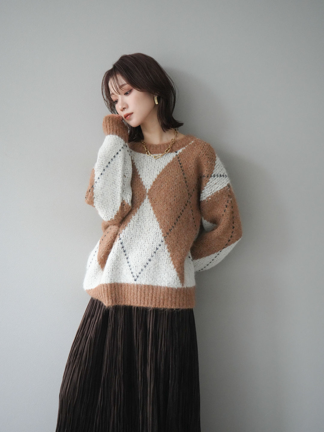 [SET]アーガイルオーバーニットプルオーバー+スエードワッシャープリーツスカート(2set)