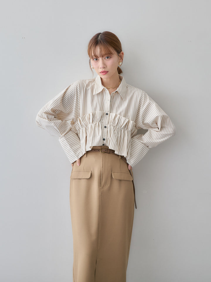 [SET]ストライプフリルシャツ+クレープデシンフラップ付きストレートスカート(2set)