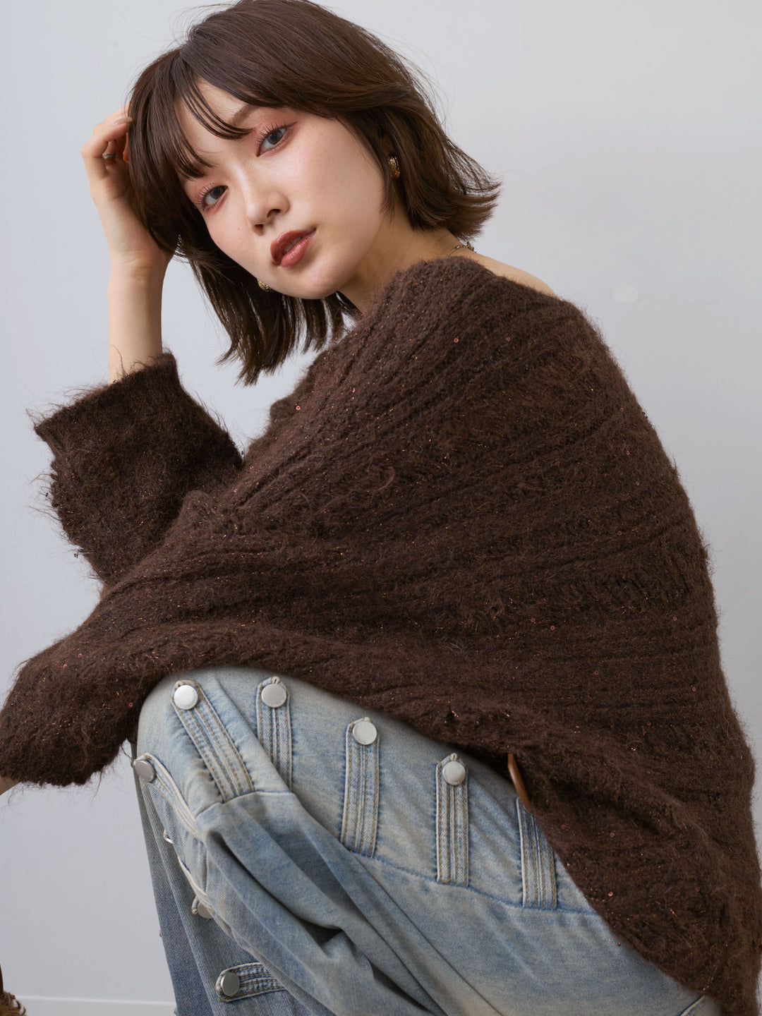 [予約]ミックス透かし編ワイドネックニットトップス/brown