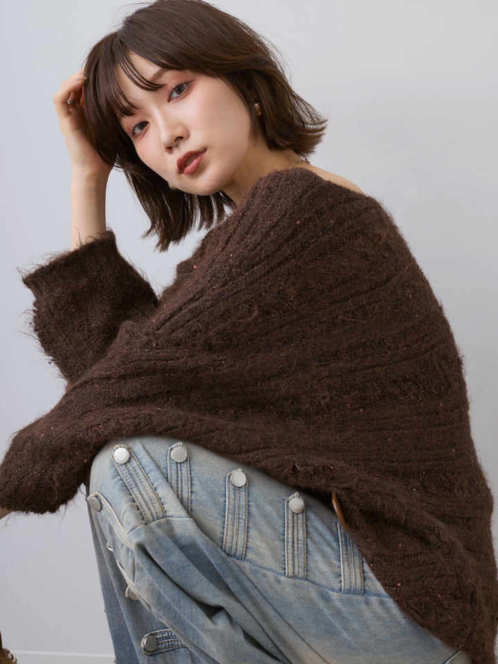 [予約]ミックス透かし編ワイドネックニットトップス/brown