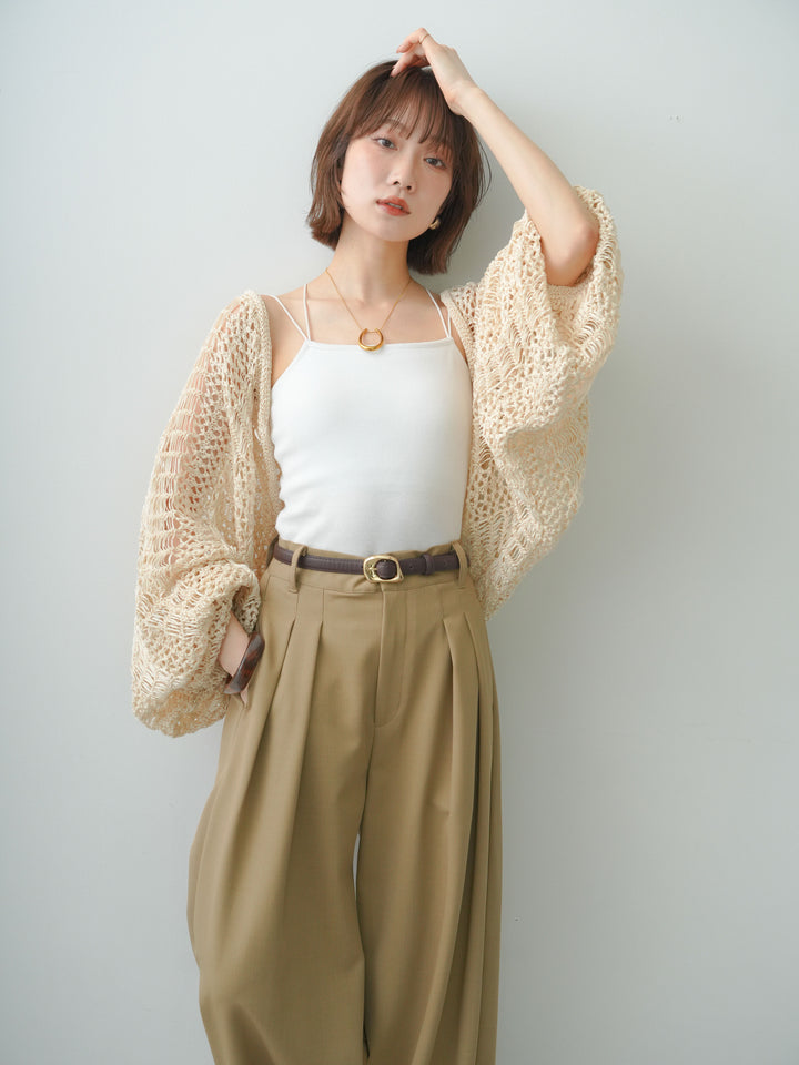 [SET]ミックスメッシュニットボレロ+カップ付きバッククロスキャミソール+クレープデシンタックワイドパンツ(3set)