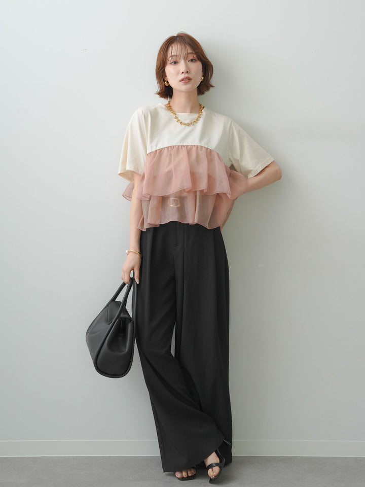 [SET]オーガンジーフリルドッキングTEE+ベルトループデザインワイドパンツ(2set)