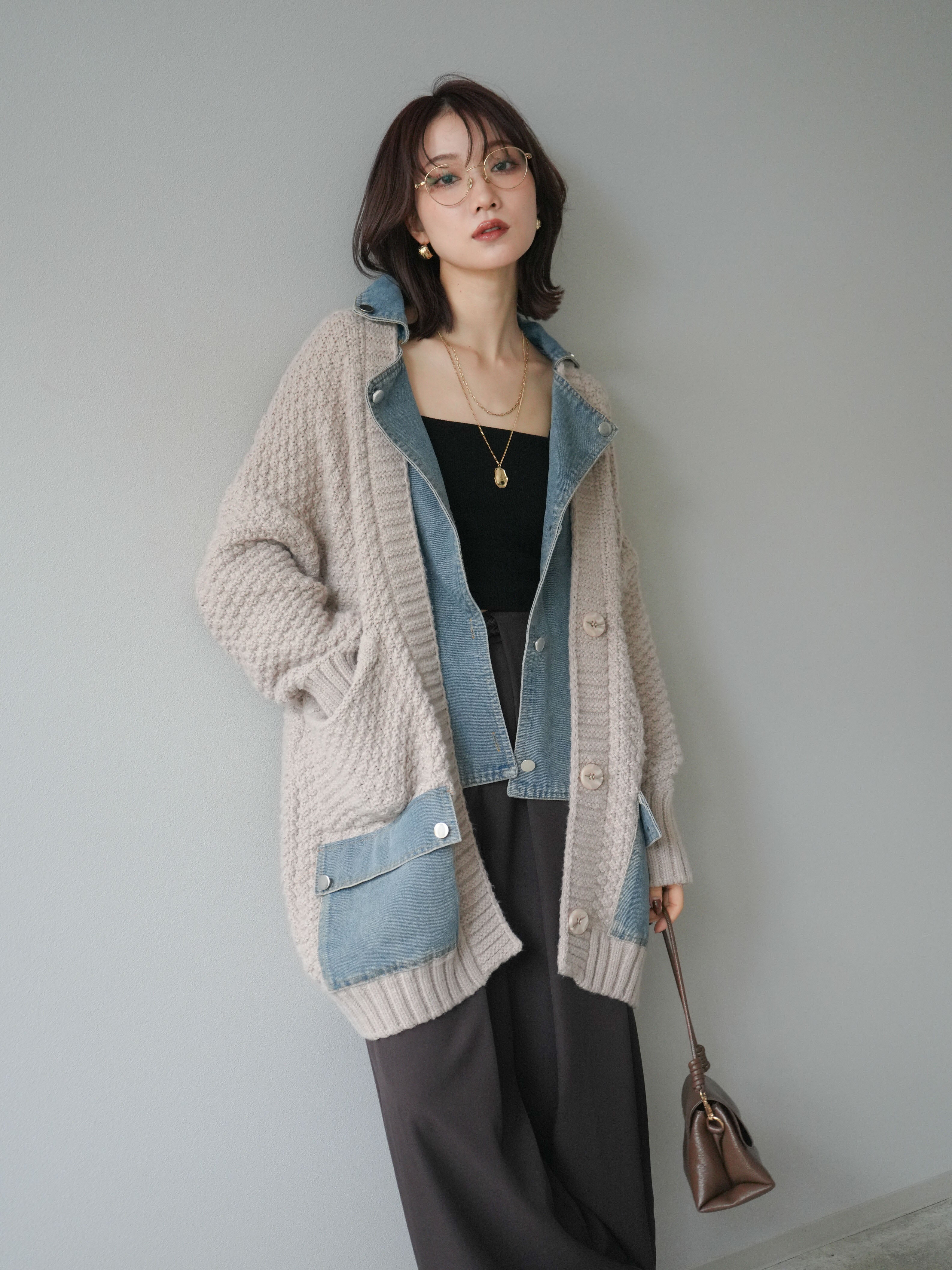 SET]デニム襟レイヤードニットジャケット+デニム襟レイヤード