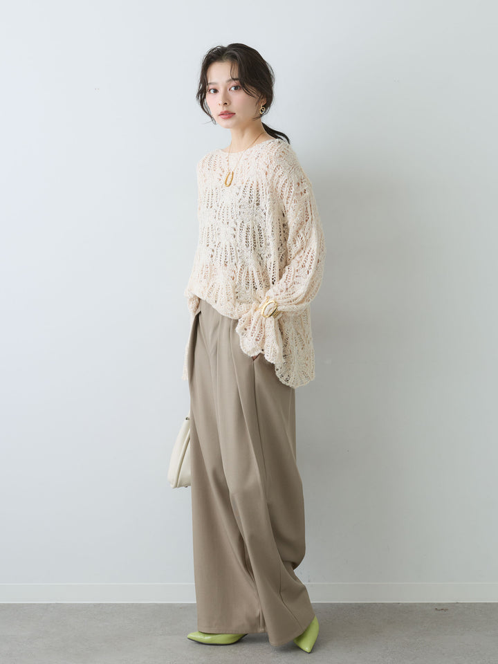 [SET]ミックスループ透かし編みニットトップス+ツイルタックワイドパンツ(2set)