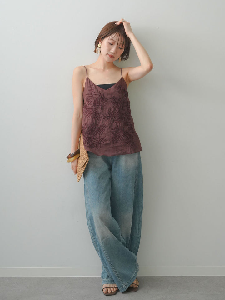 【套裝】棕櫚珠刺繡吊帶背心+輕薄復古風牛仔褲（兩件套）