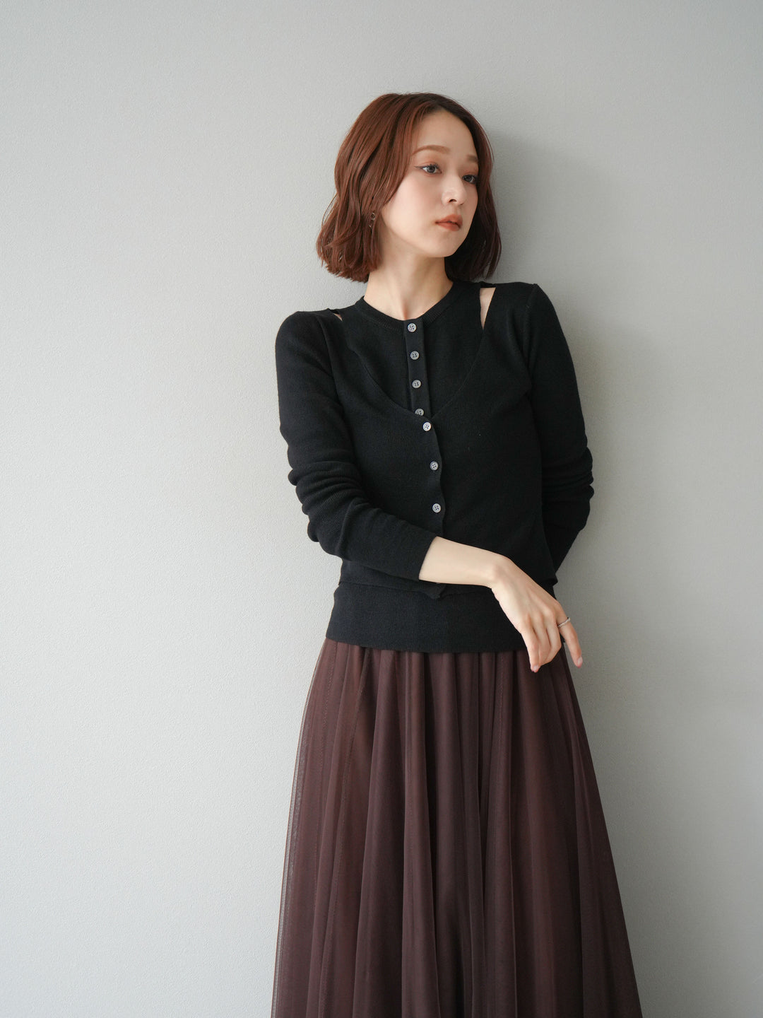 [予約]レイヤードデザインニットカーディガン/ブラック