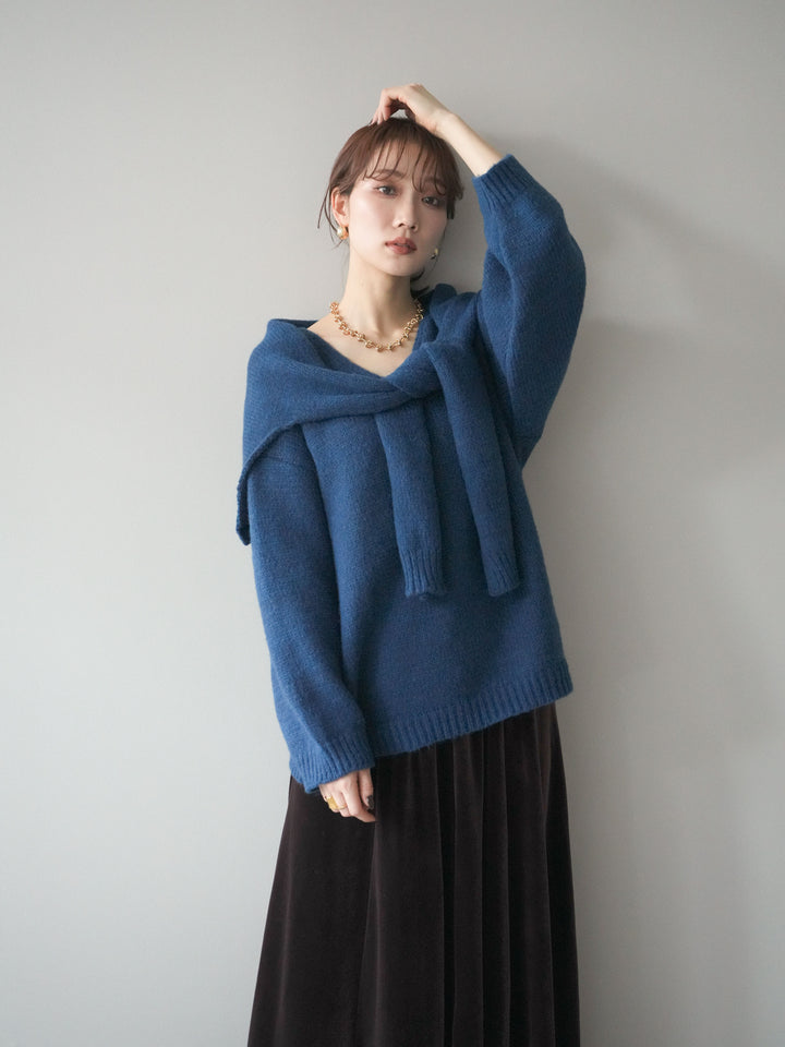 [予約]ストール付きVネックニットプルオーバー/blue