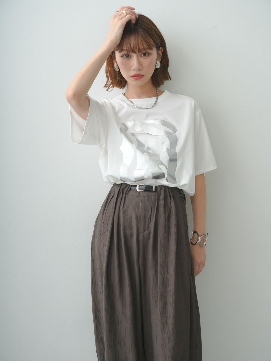 [SET]クールタッチアートロゴオーバーTEE+ベルト付ワッシャーライトワイドパンツ(2set)