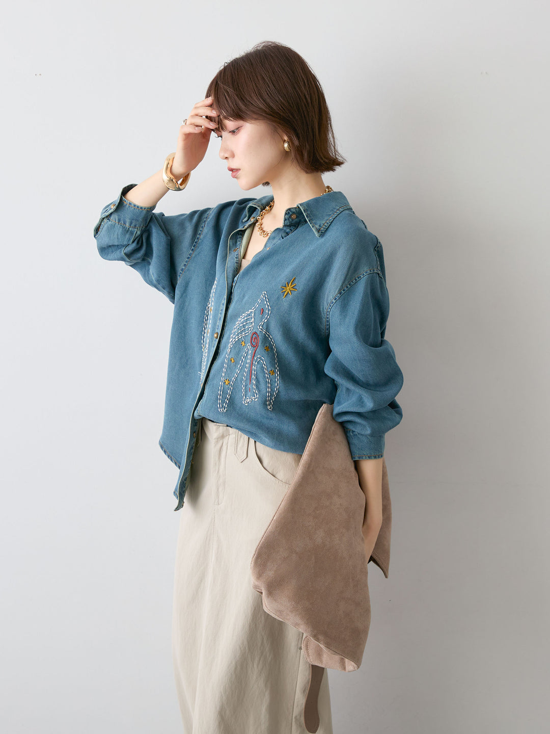 [SET]モチーフ刺繍デニムシャツ+選べるアクセセット(2set)