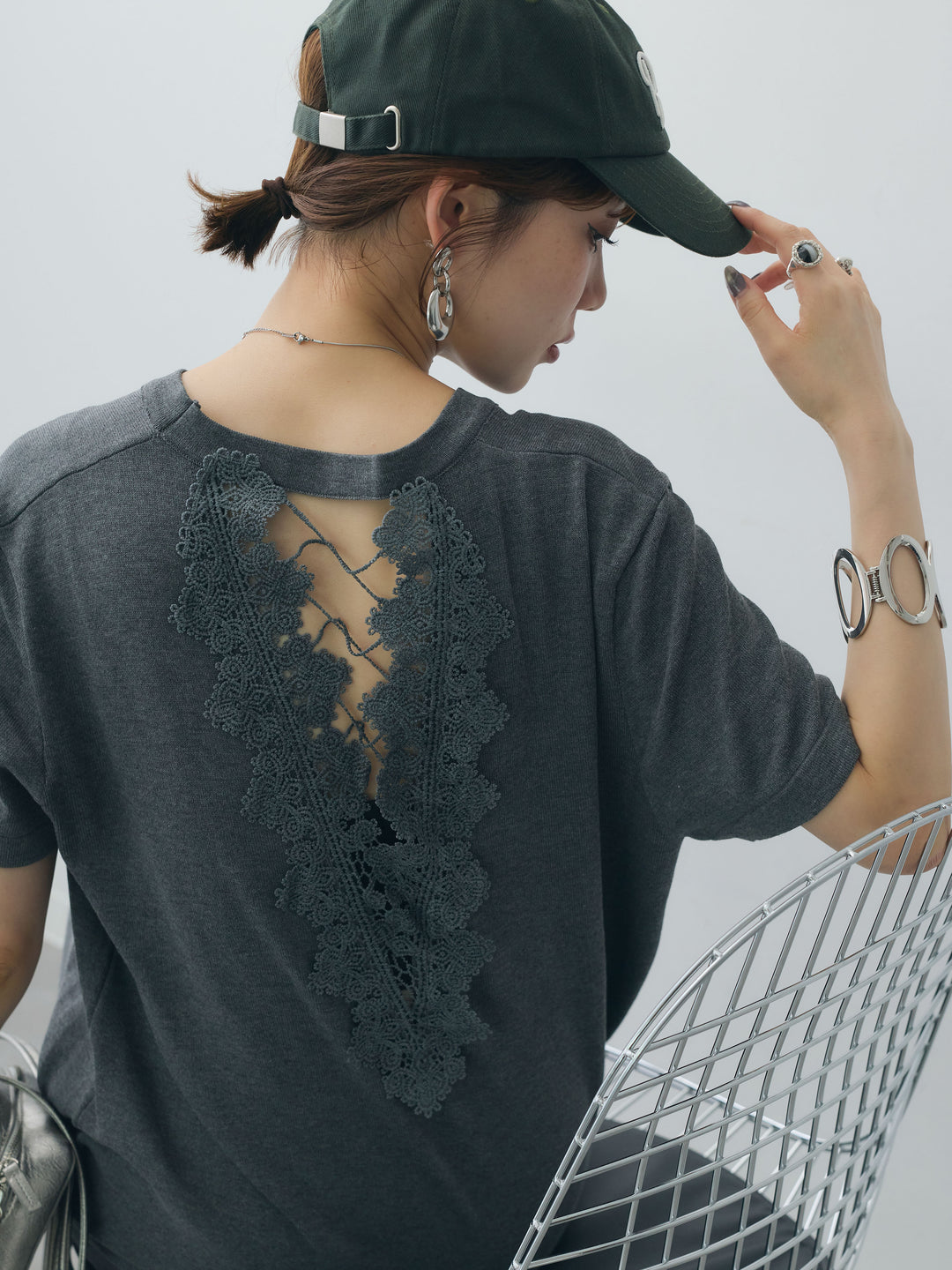 [予約]バックレースストレッチTEEワンピース/charcoal
