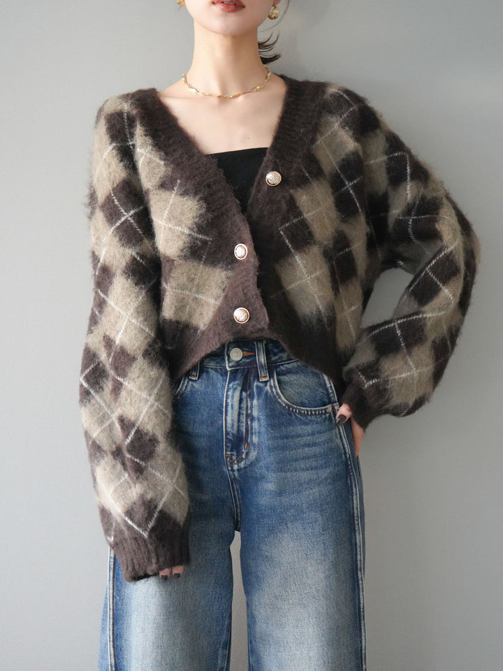 [予約]アーガイルシャギーニットカーディガン/brown