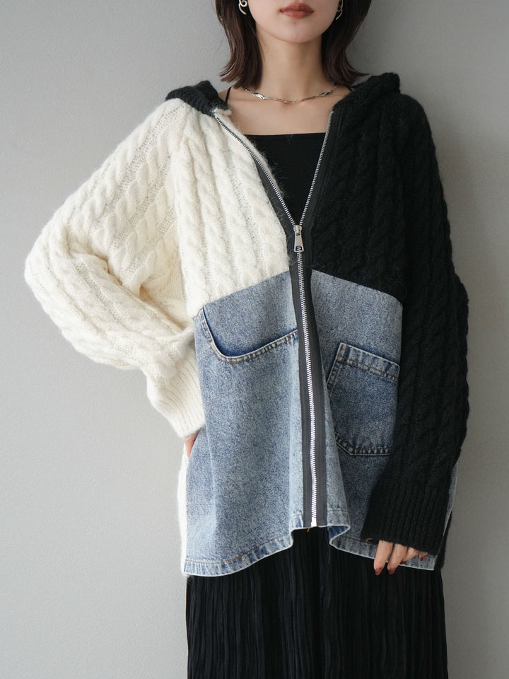 [予約]デニム×バイカラーニットZIPフーディ/black