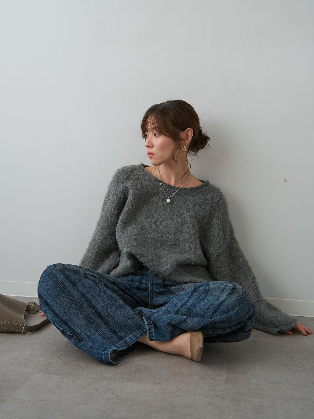 [予約]ボートネックシャギーオーバーニットトップス/darkgray